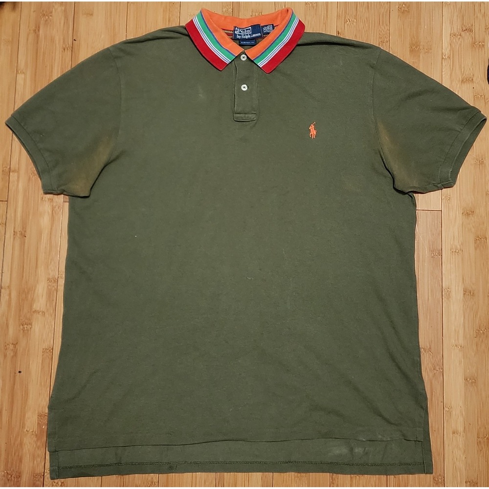 Vintage Polo Ralph Lauren Aztec Polo Shirt Men 2XL Olive Green Collar Custom Fit